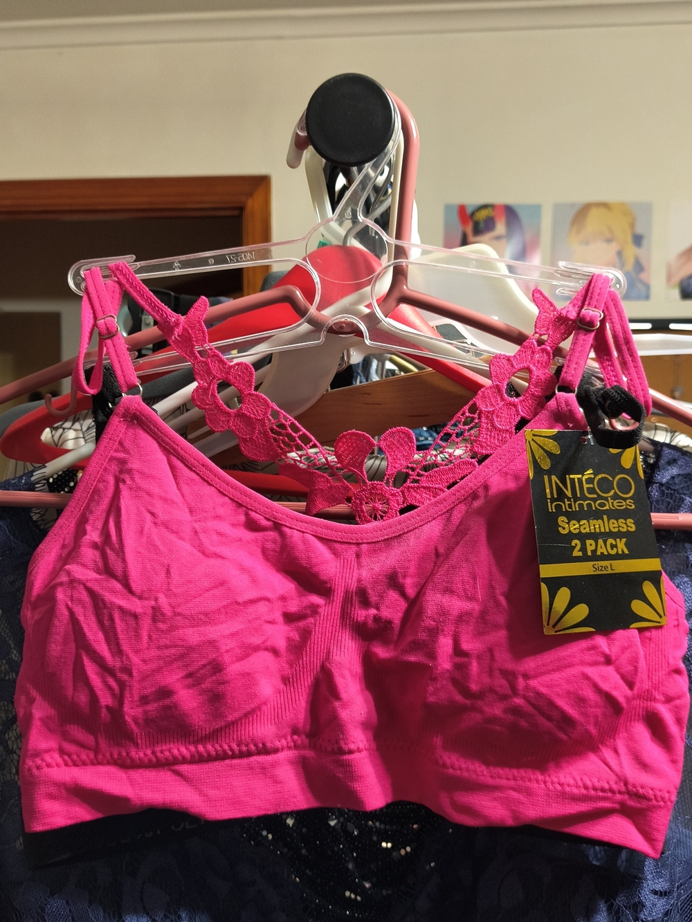 Inteco Intimates 2 Pack Seamless Lace-Back Bralette in Hot Pink And Black